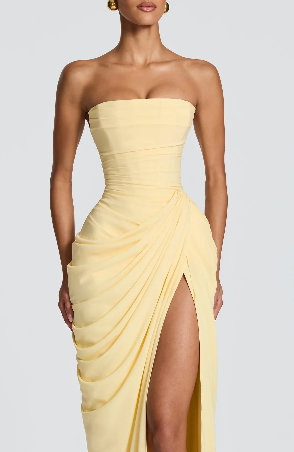 macey corset strapless dress in yellow Elegant Yellow Strapless Ruffles Corset Prom Dress with Slit, PD382266 AlineBridal